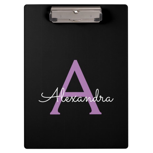 Porte-bloc Purple Black Script Girl Nom du monogramme (Devant)