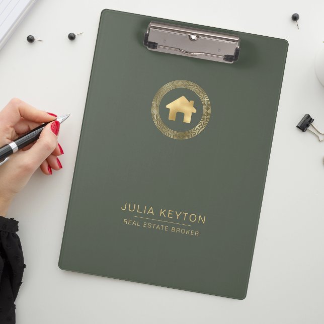 Porte-bloc Real Estate House Logo Greek Key Sage Green Gold  (Créateur téléchargé)