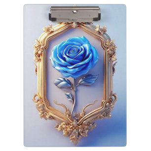 Porte-bloc Rose Bleue Élégante Affichée dans un Cadre Doré Or