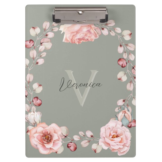 Porte-bloc Rose d'aquarelle Wreath personnalisée | Vert sage (Devant)