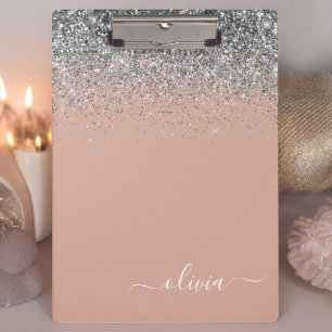 Porte-bloc Rose Gold Blush Rose Argent Pailleté Monogramme Fé
