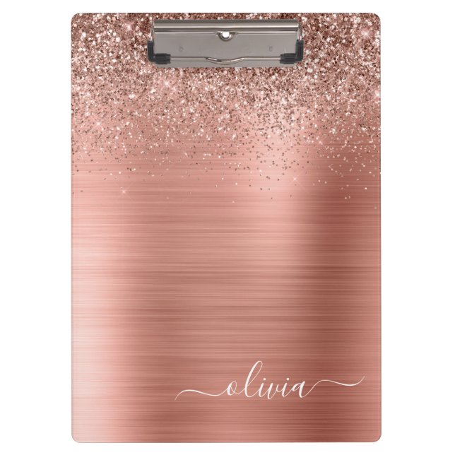 Porte-bloc Rose Gold en métal brossé et monogramme pailleté r (Devant)