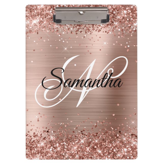 Porte-bloc Rose Gold Pailleté Monogramme Élégant (Devant)
