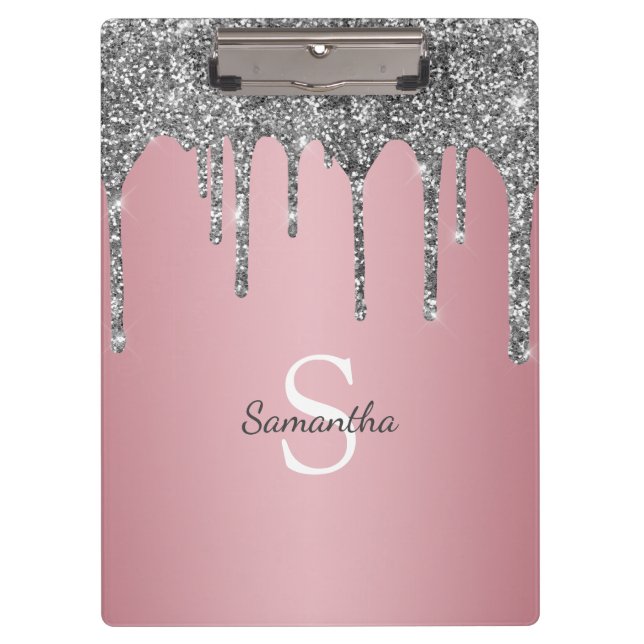 Porte-bloc Rose Gold Rose Monogramme Nom Paillettes Argentées (Devant)