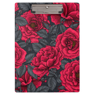 Porte-bloc Roses rouges avec feuilles gris sur noir
