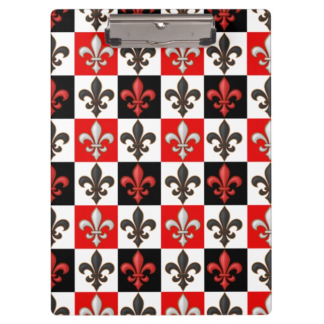 Porte-bloc Rouge Noir Blanc À damiers Fleur de lis Design (Devant)