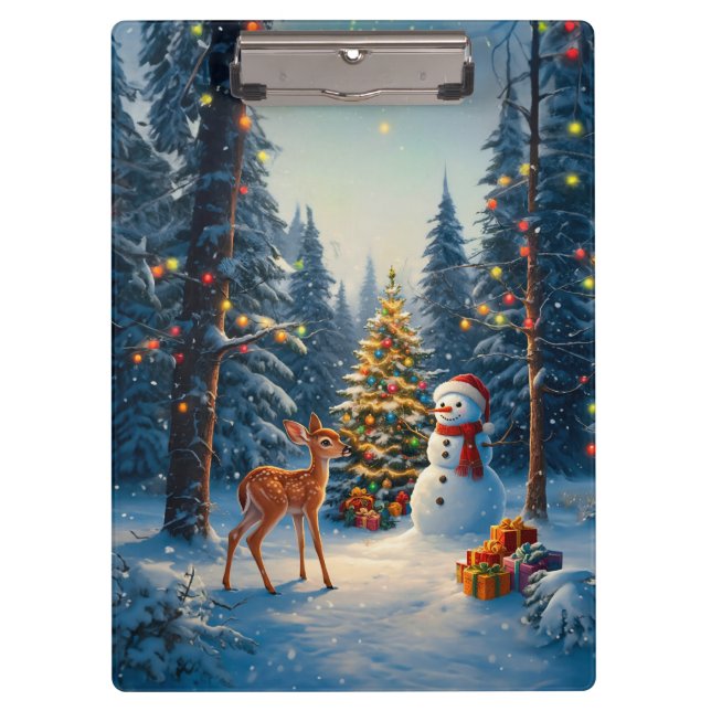 Porte-bloc Scene d'arbre de Noël Cute Deer Fawn Snowman (Devant)