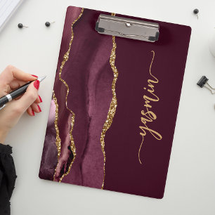 Porte-bloc Signature personnalisée bordeaux rouge agate dorée