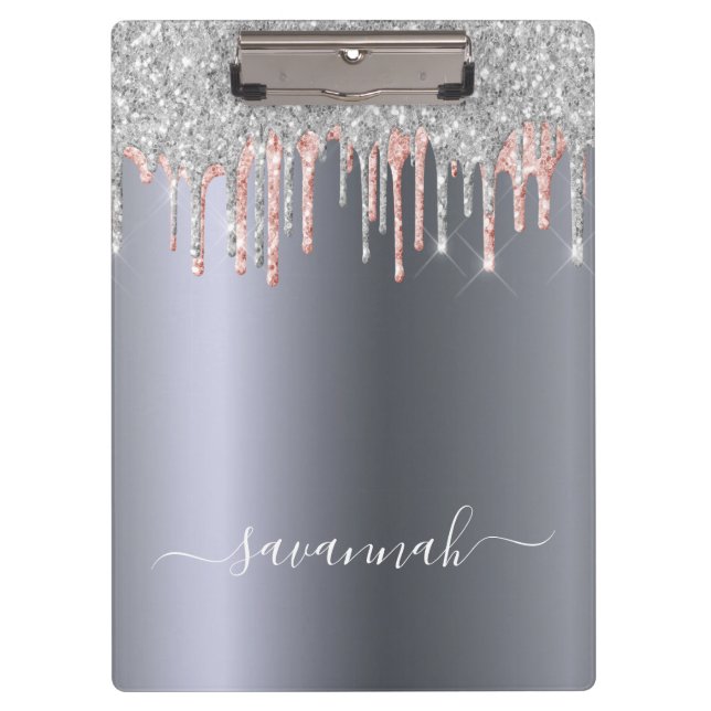Porte-bloc Silver rose gold glitter drips name script (Devant)