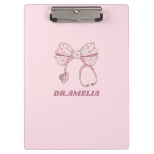 Porte-bloc Stéthoscope à nœud floral rose avec nom de médecin