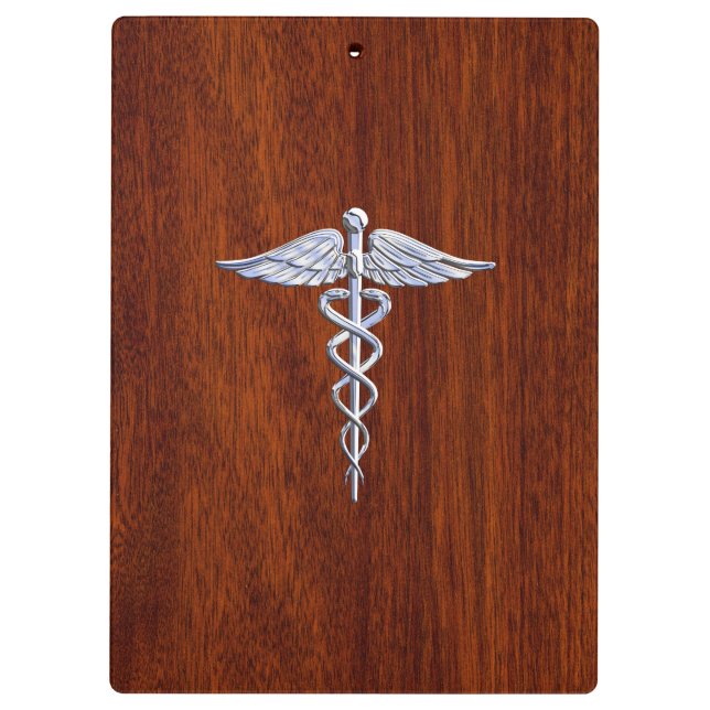 Porte-bloc Symbole Médicale Silver Caduceus Décor en acajou (Dos)