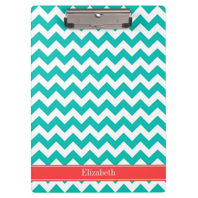 Porte-bloc Teal White Chevron ZigZag Coral Name Monogram (Devant)