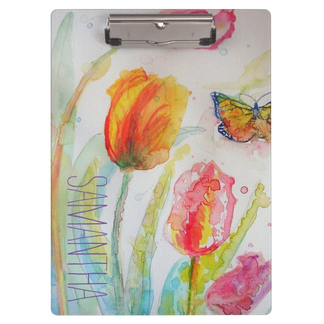 Porte-bloc Tulipes roses Tulipes Florales Aquarelle Femme Nom (Devant)
