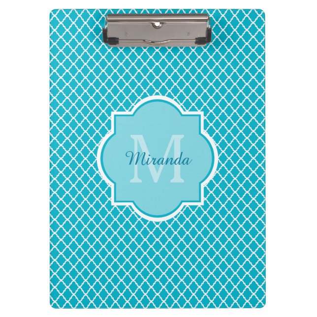 Porte-bloc Turquoise Bleu Classe Quatrefoil Monogramme et Nom (Devant)