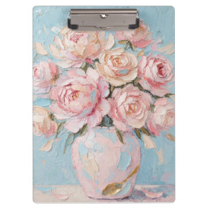 Porte-bloc Vase de roses roses impasto peinture à l'huile art