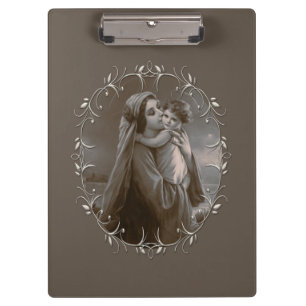 Porte-bloc Vierge vintage et enfant avec cadre argenté