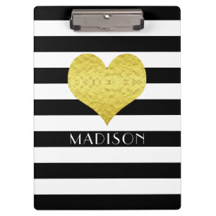 Porte-bloc Votre nom Black White Gold Heart Motif