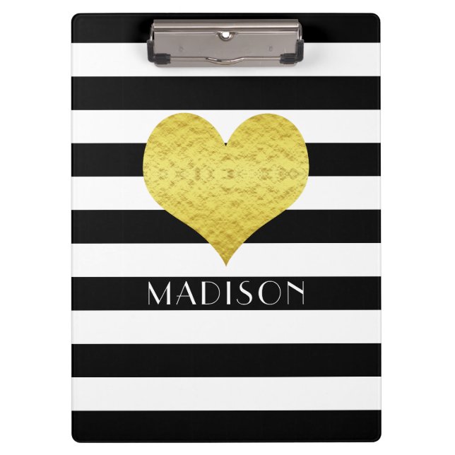 Porte-bloc Votre nom Black White Gold Heart Motif (Devant)