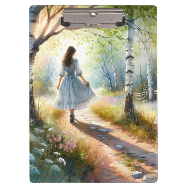 Porte-bloc Whimsical Girl Dancing Through Birch Forest (Devant)