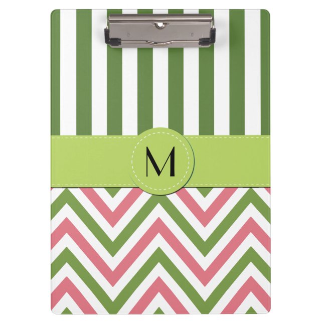 Porte-bloc Zigzag, Chevron, Grilles, Rose, Vert, Monogramme (Devant)