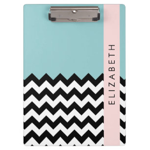Porte-bloc Zigzag noir et blanc, Chevron, Bleu, Votre nom