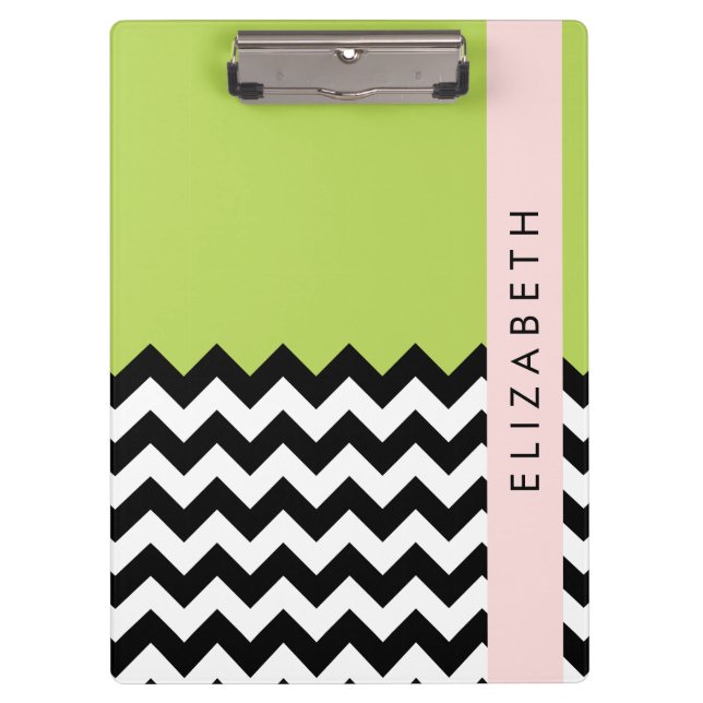 Porte-bloc Zigzag noir et blanc, Chevron, Vert, Votre nom (Devant)