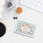 Porte-cartes De Visite Bande de taille florale antique<br><div class="desc">Elégant porte-carte de visite fleuri vous donne votre nom et/ou nom d'entreprise encadré par une bordure de fleurs d'aquarelle luxuriante en rose vif,  vert sauge,  pêche et crème,  sur un arrière - plan de ton sur tons vert sauge rayures. Cartes de visite et accessoires correspondants également disponibles.</div>