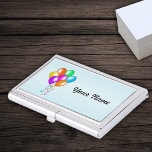 Porte-cartes De Visite Bright Colorful Bunch of Balloons Streamers<br><div class="desc">Ce coque carte de visite argenté est bleu clair avec un tas de ballons colorés et lumineux en jaune,  orange,  bleu,  vert,  violet et rose qui pendent des banderoles assorties. Customisez votre nom avec le modèle.</div>