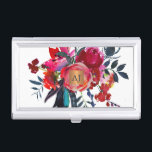 Porte-cartes De Visite Carré en cuivre glam monogramme floral<br><div class="desc">Luxueux et prestigieux porte-carte de visite professionnel monogrammed avec un grand bouquet peint à la main de style bohème avec des pivoines rousses rose / corail rouge bordeaux et des fleurs avec des plumes et feuillage bleu océan profond et un étiquette carré métallique beige brillant en cuivre. Idéal pour le...</div>