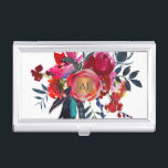 Porte-cartes De Visite Carré en cuivre glam monogramme floral<br><div class="desc">Luxueux et prestigieux porte-carte de visite professionnel monogrammed avec un grand bouquet peint à la main de style bohème avec des pivoines rousses rose / corail rouge bordeaux et des fleurs avec des plumes et feuillage bleu océan profond et un étiquette carré métallique beige brillant en cuivre. Idéal pour le...</div>