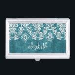 Porte-cartes De Visite Modèle de Damas gris turquoise Texte personnalisé<br><div class="desc">Un motif vintage avec tableau de bord et dentelle. Regardez de près les fleurs et les feuilles.Un design tendance avec les couleurs de bijoux et l'élégance. Les éléments sont plus faciles à customiser lorsque vous remplacez tout le texte et les photos en premier. Si votre art doit encore être ajusté,...</div>