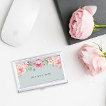 Porte-cartes De Visite Peony rose blanc antique<br><div class="desc">Elégante et féminine coque carte de visite dans le chic vert à la menthe pastel présente un auvent de fleurs de pivoine rose vif fleurissant du haut. Personnalisez avec votre nom,  monogramme ou nom d'entreprise en lettres modernes non noires.</div>