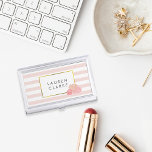 Porte-cartes De Visite Pink Stripe & Blush Peony Business Card Holder<br><div class="desc">This sleek and feminine business card holder features a delicate pink stripe background, faux gold border, and a group of peonies in pretty blush tones. Coordinates with our Pink Stripe & Blush Peony invitation suites, office supplies, home goods and accessories -- matching business cards available in both regular and magnetic...</div>