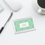 Porte-cartes De Visite Preppy Green & White Motif en treillis de bambou<br><div class="desc">Transportez vos cartes de visite dans le style preppy classique avec notre coque de carte personnalisé chic. Ce design a une ambiance tropicale rétro, avec un motif de treillis de bambou géométrique en vert et blanc éclatant, et votre nom, monogramme ou nom de compagnie en coordonnant le lettrage bleu marine....</div>