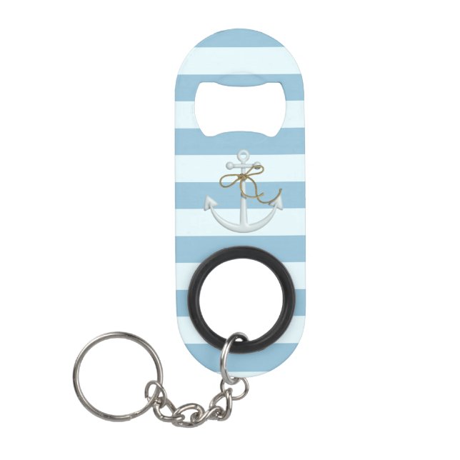 Porte-clé Décapsuleur Ancre nautique adorable sur rayures bleu clair (Devant)