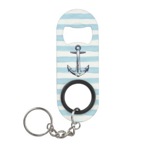 Porte-clé Décapsuleur Aquarelle Ancre Bleu rayé Motif