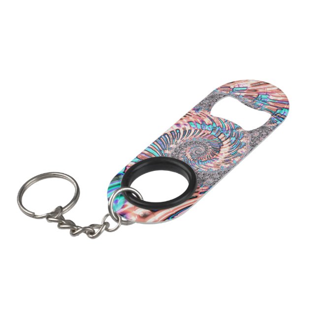 Porte-clé Décapsuleur Boho Pastel rose et bleu spirale Abstraite fractal (Devant Angle)