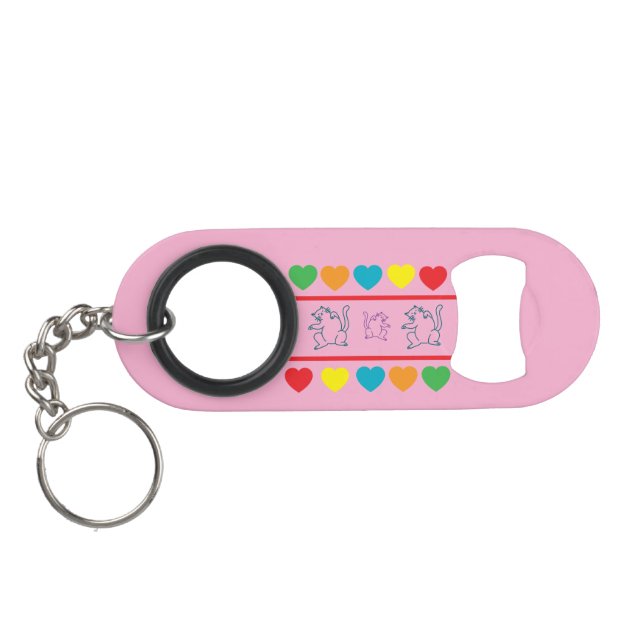 Porte-clé Décapsuleur Cats & Rainbow Hearts Pink Bottle Opener Keychain (Dos Horizontal)