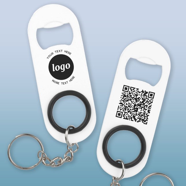 Porte-clé Décapsuleur Code QR Entreprise avec Logo et Texte Simple (Logo QR code and custom text business promotional keychain bottle opener)