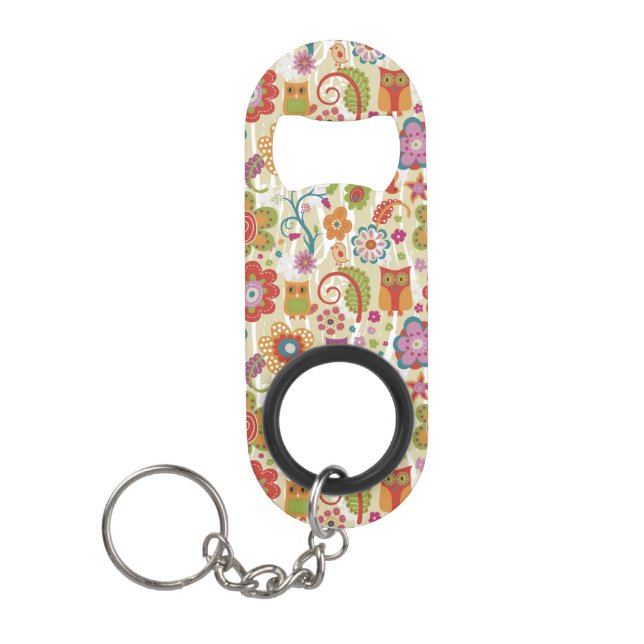Porte-clé Décapsuleur Couleur florale et hibou (Devant)