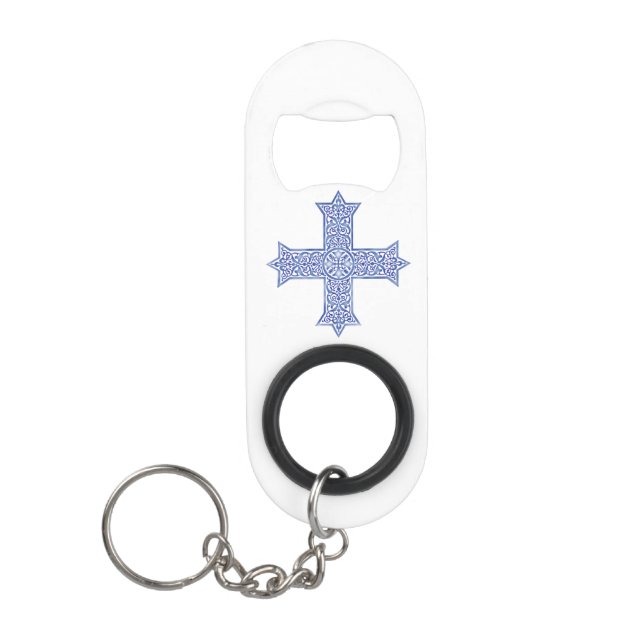 Porte-clé Décapsuleur Croix copte d'art en Lapis Bleu Premium (Devant)