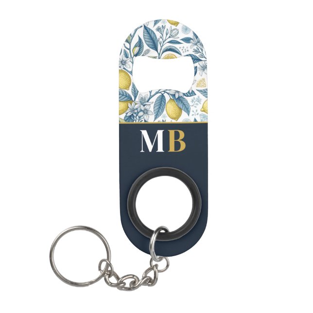 Porte-clé Décapsuleur Custom Elegant Mediterranean Lemon Botanical Navy (Devant)