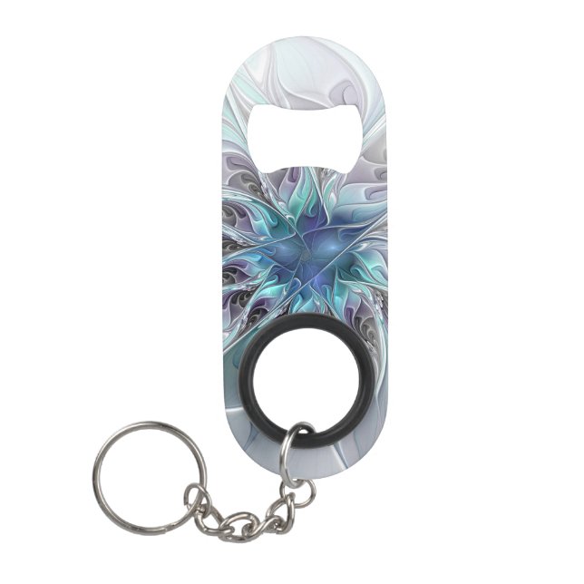 Porte-clé Décapsuleur Fleur fractale moderne abstraite avec du bleu (Devant)