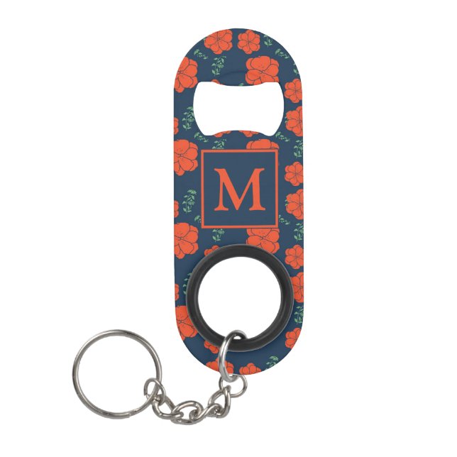 Porte-clé Décapsuleur Fleurs rouges Motif Monogramme bleu foncé (Devant)