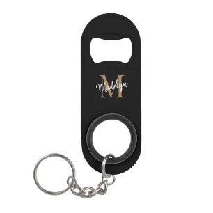 Porte-clé Décapsuleur Girly Black Gold Monogramme Élégant Chic Nom de sc