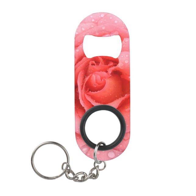 Porte-clé Décapsuleur Gouttes d'eau de rose rouge romantique (Devant)