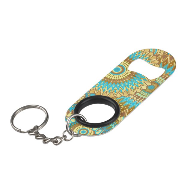 Porte-clé Décapsuleur Mandala superposé bleu marron or (Devant Angle)