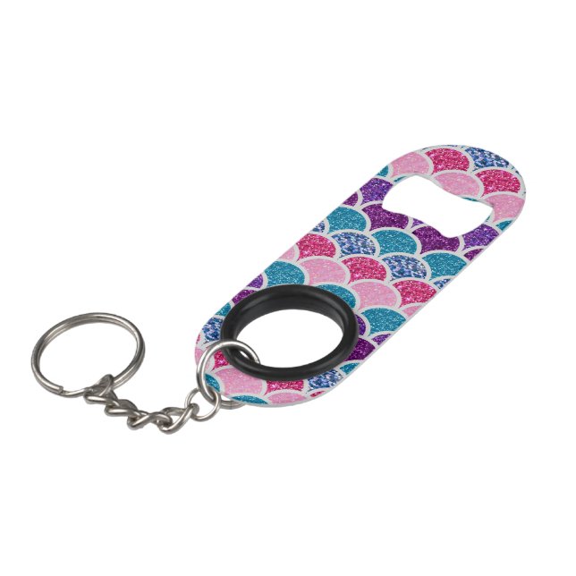 Porte-clé Décapsuleur mignonette aqua rose turquoise mauve écailles (Devant Angle)