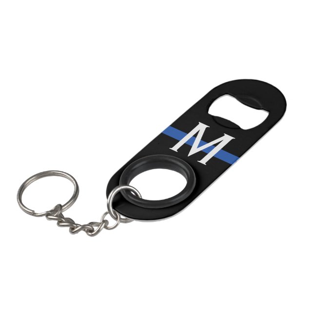 Porte-clé Décapsuleur Mince Ligne Bleue Monogramme de police (Devant Angle)
