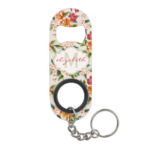 Porte-clé Décapsuleur Modèle floral chic avec nom de monogramme